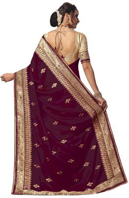 Trendmalls Purple Embroidered Satin Party Wear Saree With Blouse 2