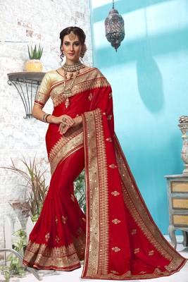 Trendmalls Red embroidered satin Party Wear Saree With Blouse 1