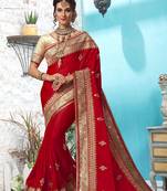 Trendmalls Trendmalls Red embroidered satin Party Wear Saree With Blouse