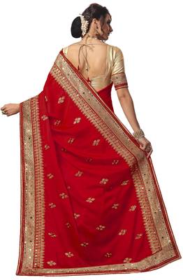 Trendmalls Red embroidered satin Party Wear Saree With Blouse 2