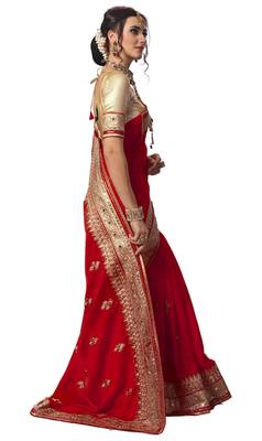 Trendmalls Red embroidered satin Party Wear Saree With Blouse 3