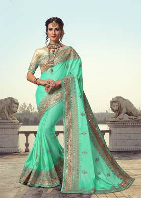 Trendmalls Turquoise Embroidered Satin Party Wear Saree With Blouse 1