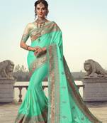 Trendmalls Trendmalls Turquoise Embroidered Satin Party Wear Saree With Blouse