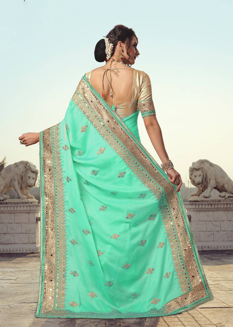 Trendmalls Turquoise Embroidered Satin Party Wear Saree With Blouse