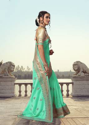 Trendmalls Turquoise Embroidered Satin Party Wear Saree With Blouse 3