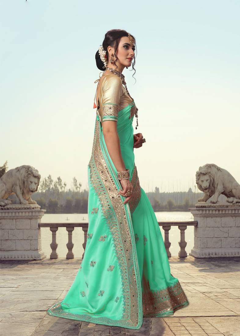 Trendmalls Turquoise Embroidered Satin Party Wear Saree With Blouse