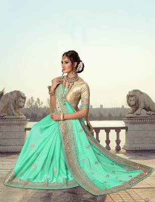 Trendmalls Turquoise Embroidered Satin Party Wear Saree With Blouse 4