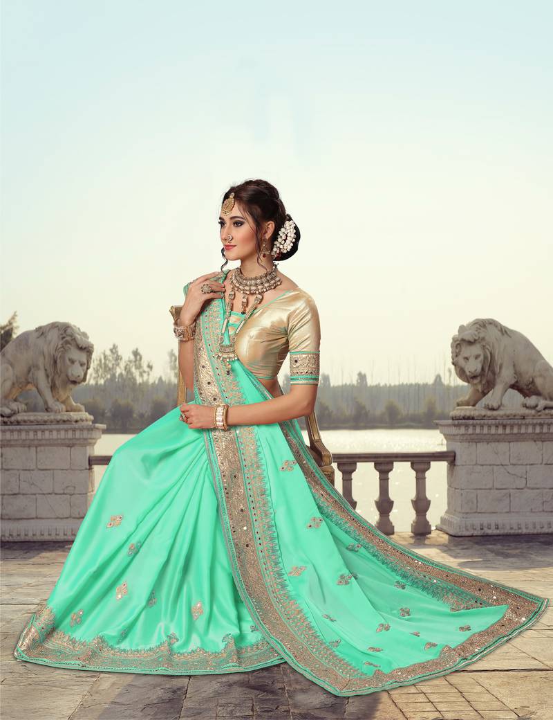 Trendmalls Turquoise Embroidered Satin Party Wear Saree With Blouse