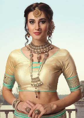Trendmalls Turquoise Embroidered Satin Party Wear Saree With Blouse 5