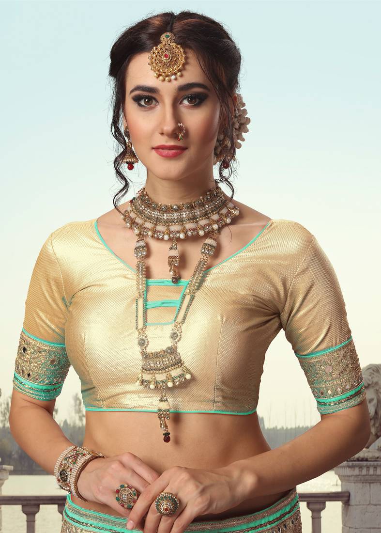 Trendmalls Turquoise Embroidered Satin Party Wear Saree With Blouse