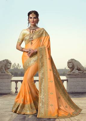 Trendmalls Yellow embroidered satin Party Wear Saree With Blouse 1