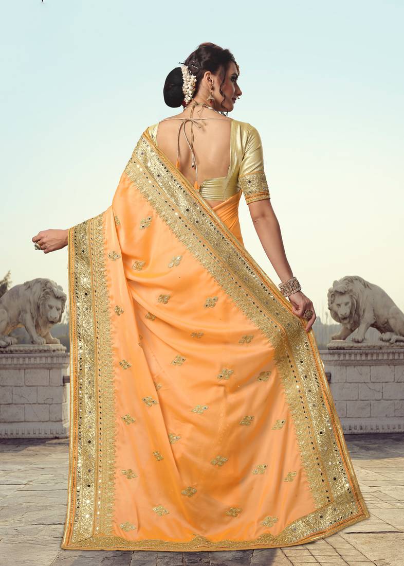 Trendmalls Yellow embroidered satin Party Wear Saree With Blouse