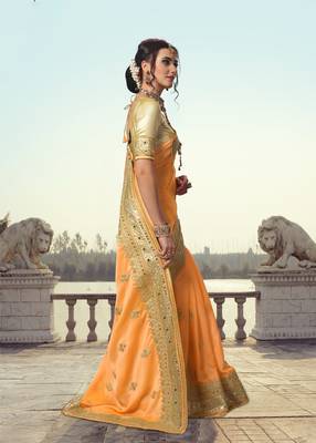 Trendmalls Yellow embroidered satin Party Wear Saree With Blouse 3