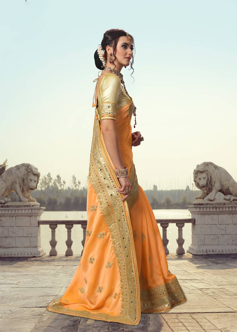 Trendmalls Yellow embroidered satin Party Wear Saree With Blouse