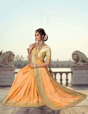 Trendmalls Yellow embroidered satin Party Wear Saree With Blouse 4