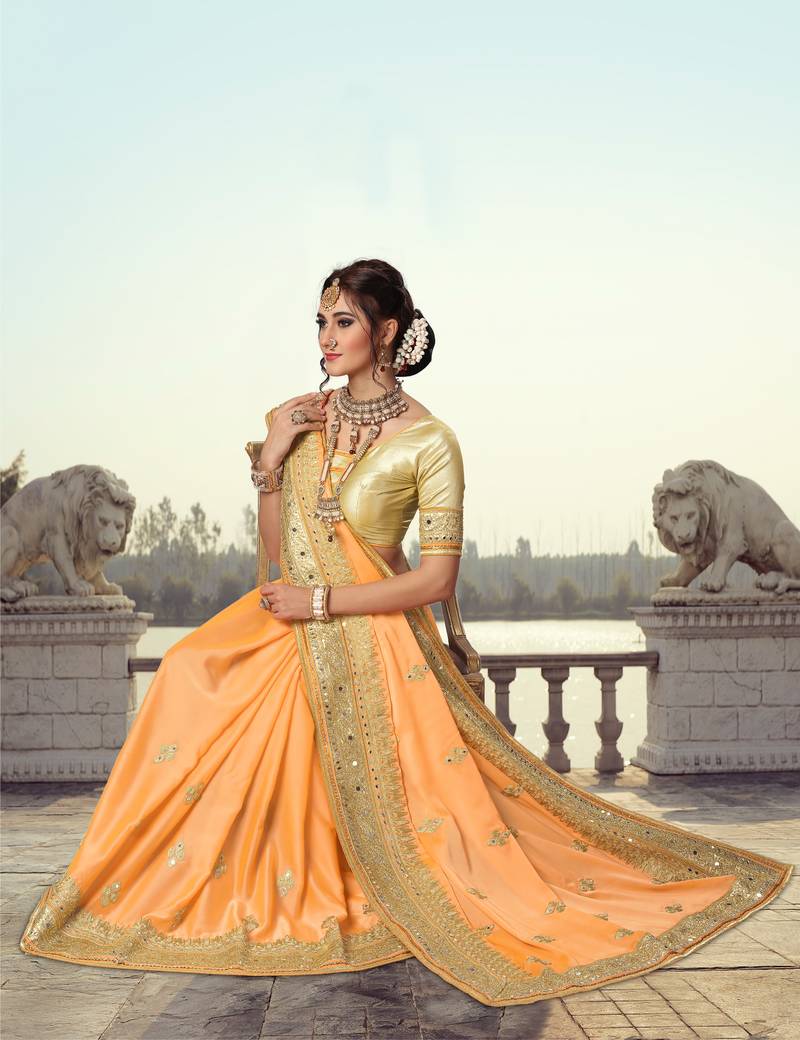 Trendmalls Yellow embroidered satin Party Wear Saree With Blouse