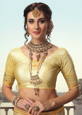 Trendmalls Yellow embroidered satin Party Wear Saree With Blouse 5