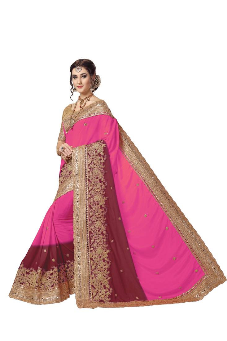 Trendmalls Trendmalls Pink Embroidered Satinsaree With Blouse