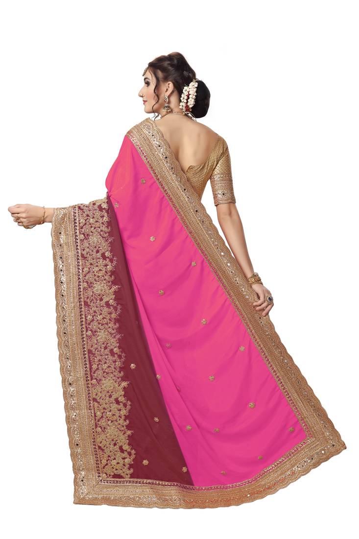Trendmalls Trendmalls Pink Embroidered Satinsaree With Blouse