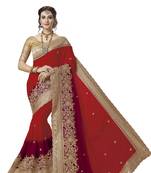 Trendmalls Red embroidered satinSaree With Blouse