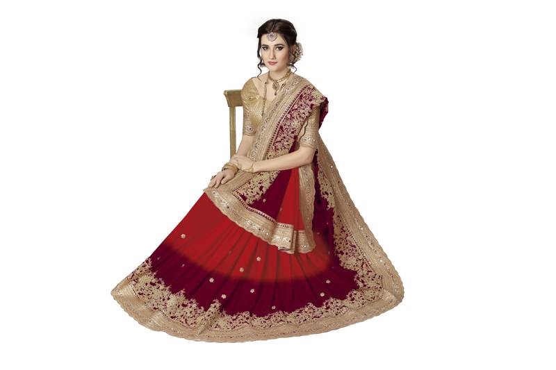 Trendmalls Red embroidered satinSaree With Blouse