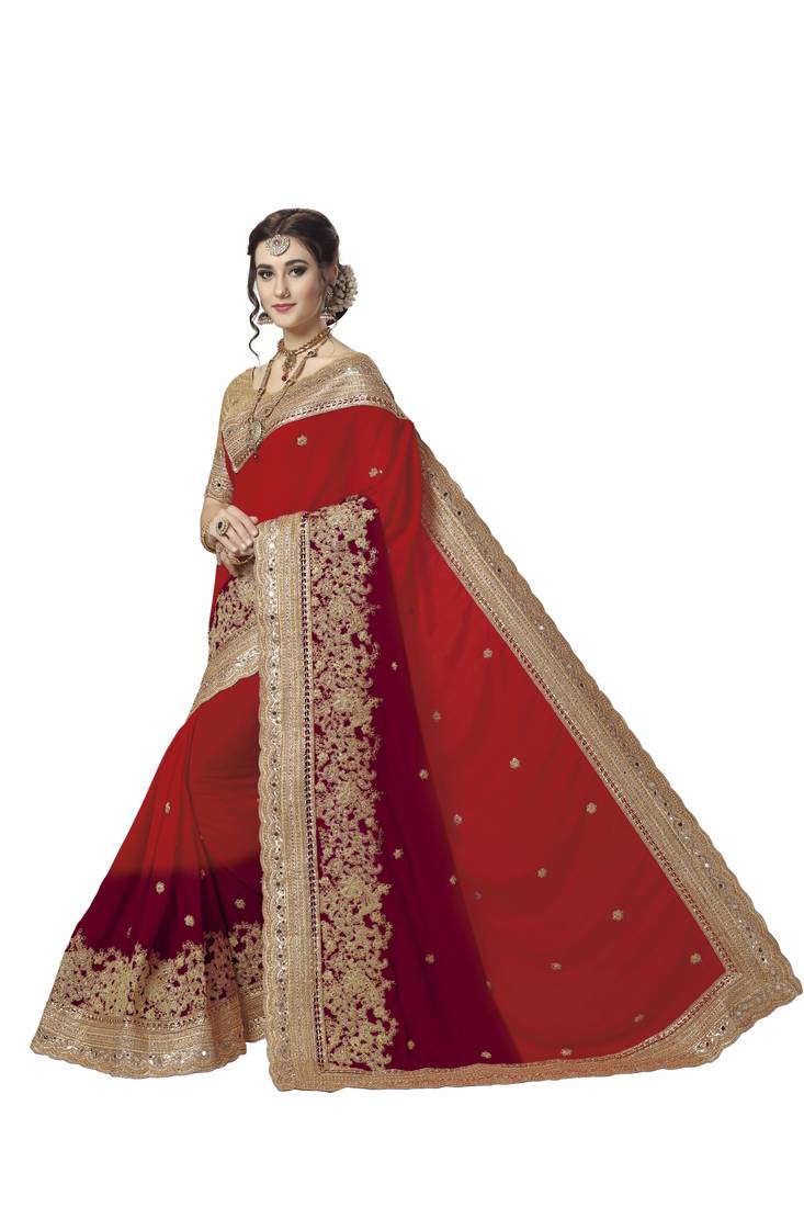 Trendmalls Red embroidered satinSaree With Blouse