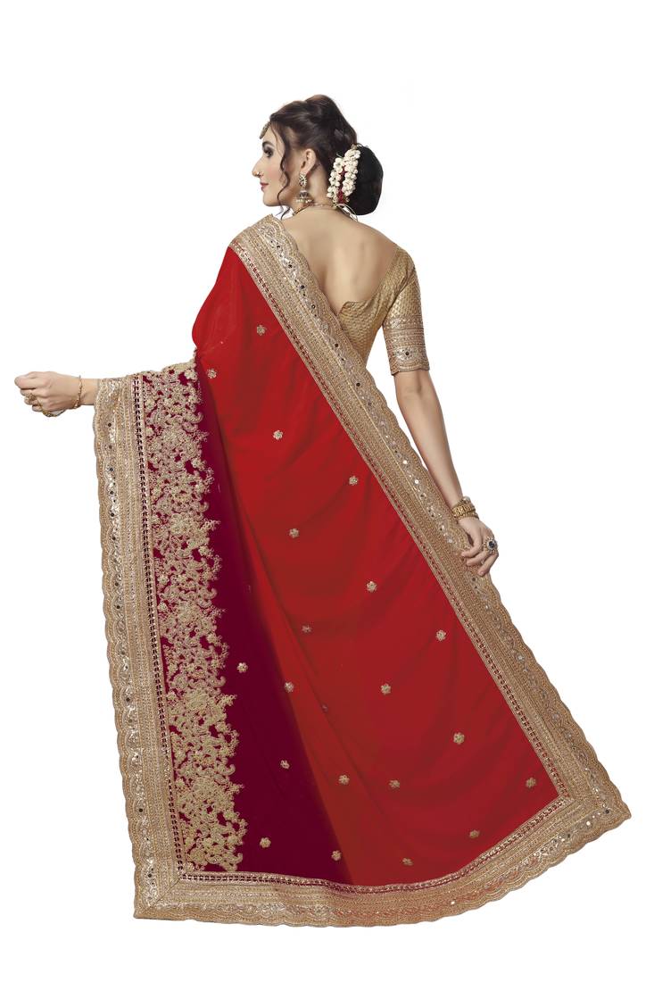 Trendmalls Red embroidered satinSaree With Blouse