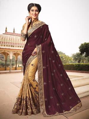 Trendmalls Womens Silk Heavy Embroidery Half & Half Brown Party Wear Saree With Blouse 1
