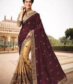 Trendmalls Womens Silk Heavy Embroidery Half & Half Brown Party Wear Saree With Blouse