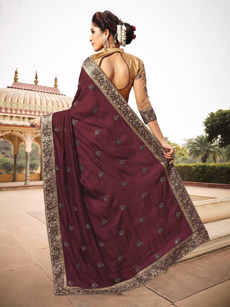 Trendmalls Womens Silk Heavy Embroidery Half & Half Brown Party Wear Saree With Blouse