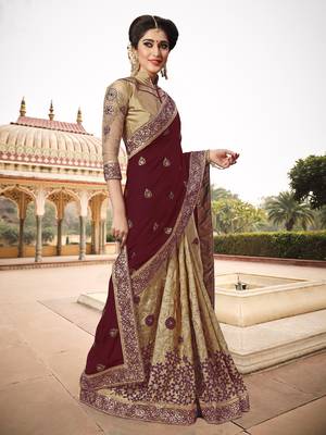 Trendmalls Womens Silk Heavy Embroidery Half & Half Brown Party Wear Saree With Blouse 3