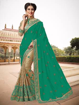 Trendmalls Womens Silk Heavy Embroidery Half & Half Green Party Wear Saree With Blouse 1