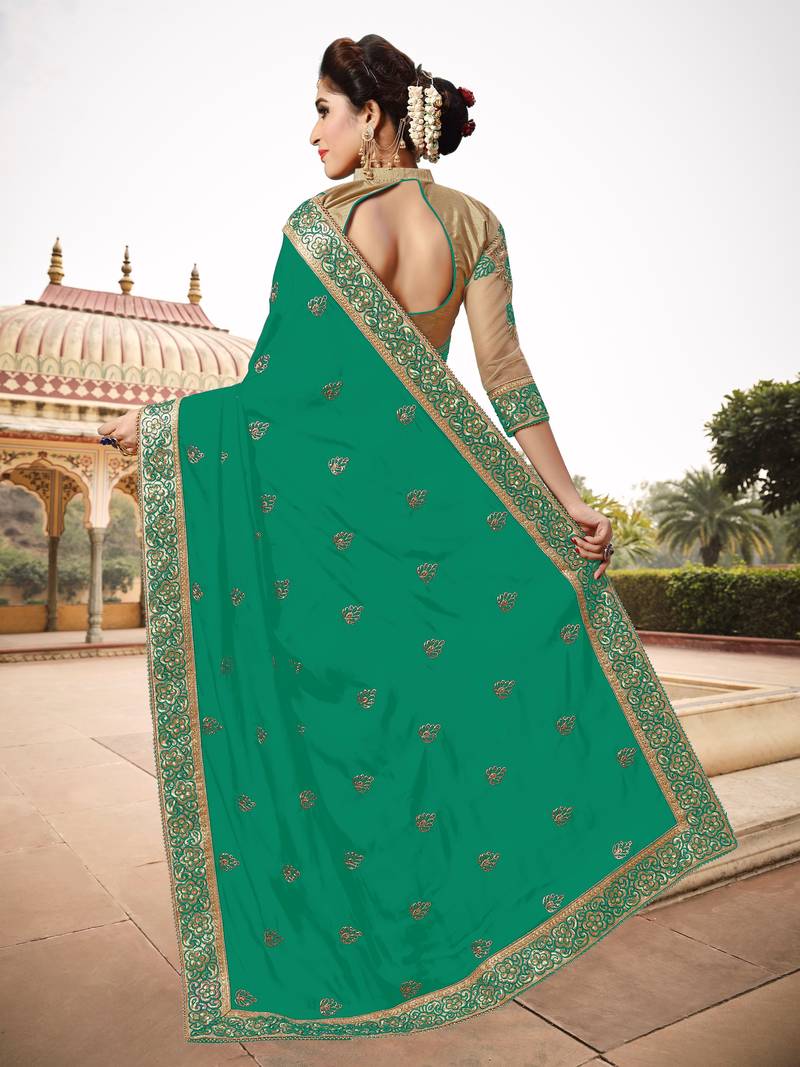 Trendmalls Womens Silk Heavy Embroidery Half & Half Green Party Wear Saree With Blouse