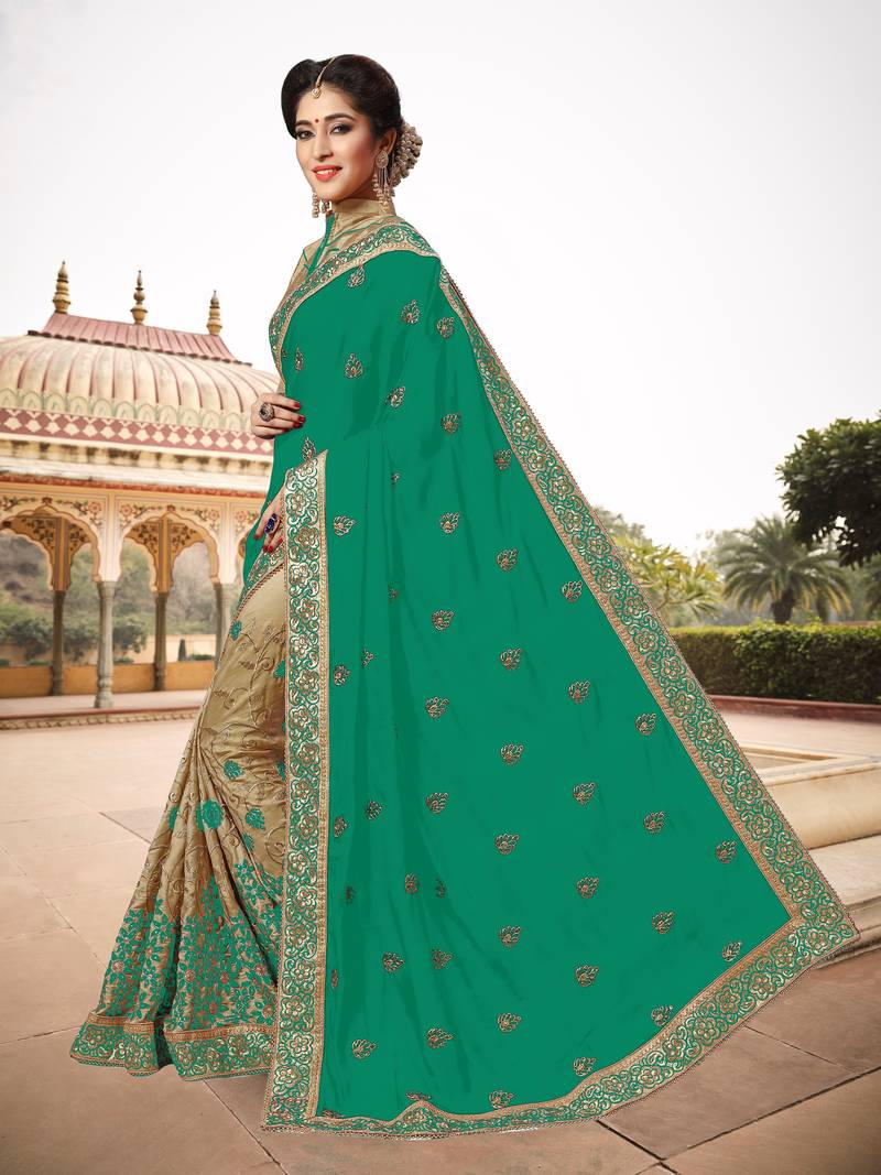 Trendmalls Womens Silk Heavy Embroidery Half & Half Green Party Wear Saree With Blouse