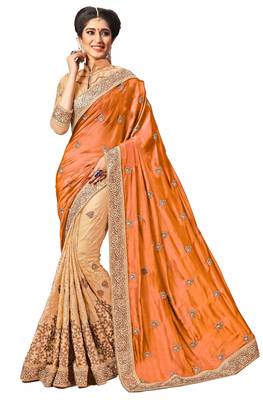 Orange embroidered silk saree with blouse 1