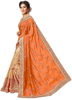 Orange embroidered silk saree with blouse 3