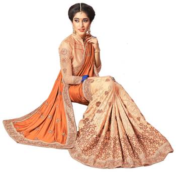 Orange embroidered silk saree with blouse 4