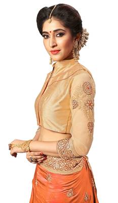 Orange embroidered silk saree with blouse 5