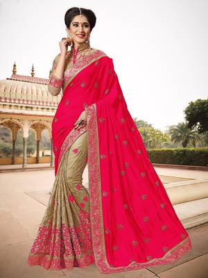 Trendmalls Womens Silk Heavy Embroidery Half & Half Pink Party Wear Saree With Blouse 1