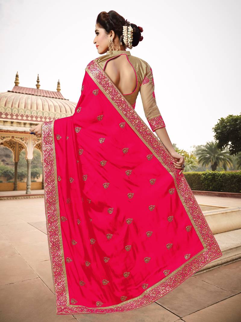 Trendmalls Womens Silk Heavy Embroidery Half & Half Pink Party Wear Saree With Blouse