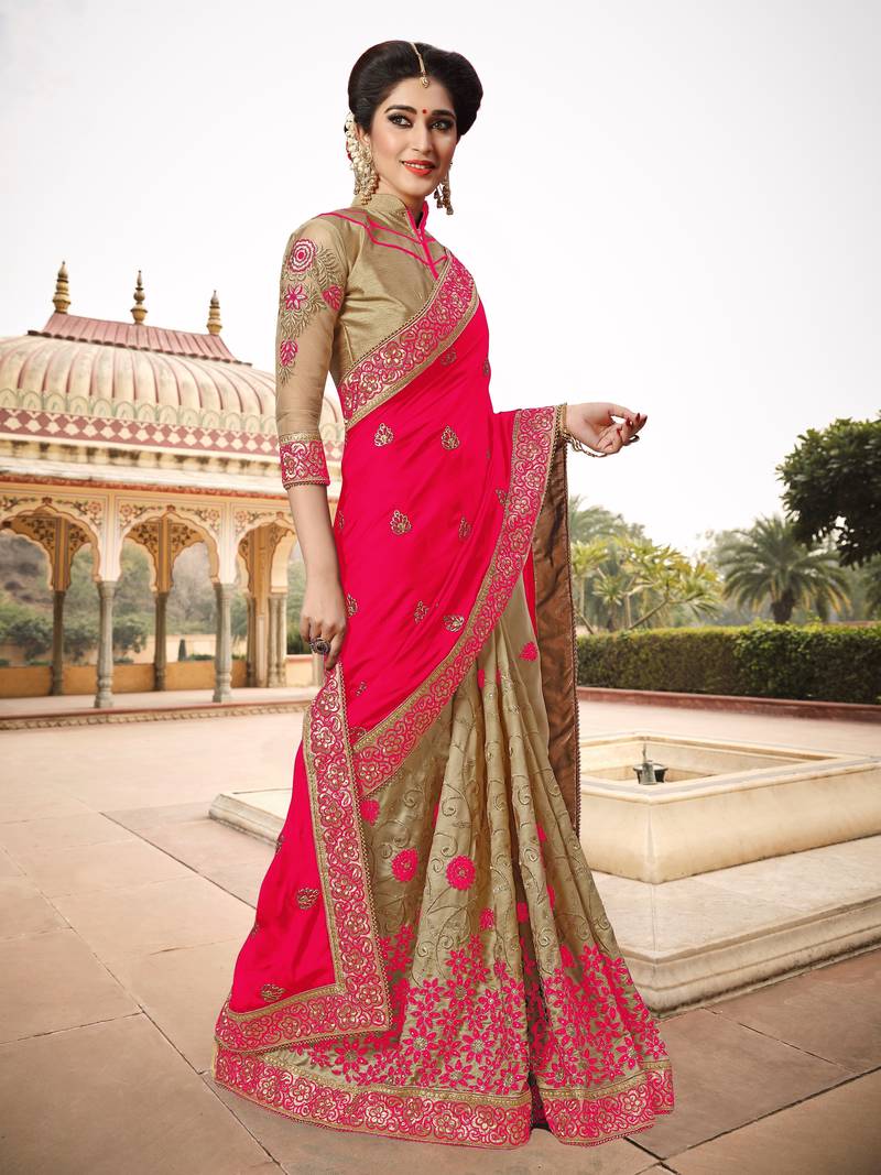 Trendmalls Womens Silk Heavy Embroidery Half & Half Pink Party Wear Saree With Blouse