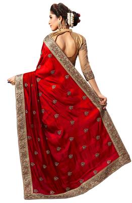 Red embroidered silk saree with blouse 2