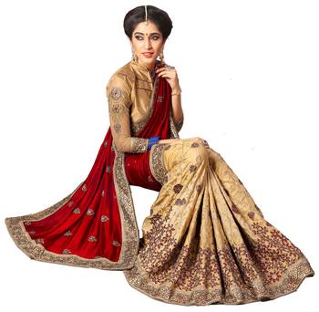 Red embroidered silk saree with blouse 3