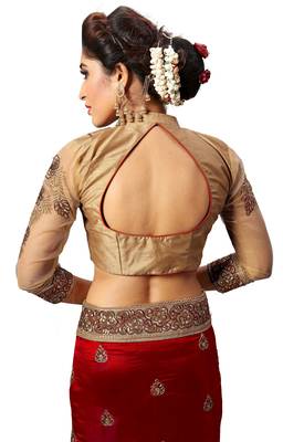 Red embroidered silk saree with blouse 4