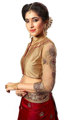 Red embroidered silk saree with blouse 5