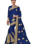 Blue embroidered silk saree with blouse