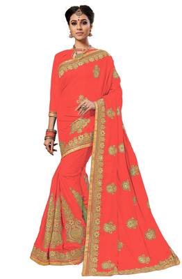 Orange embroidered silk saree with blouse 1