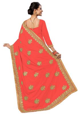 Orange embroidered silk saree with blouse 2