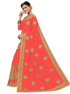 Orange embroidered silk saree with blouse 3
