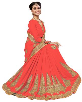 Orange embroidered silk saree with blouse 4